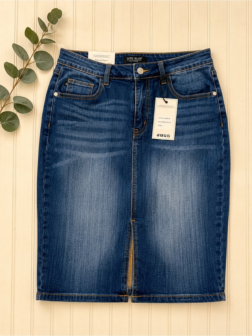 Judy Blue Denim Midi Pencil Skirt Blue Stretch Front Slit Size Large NWT